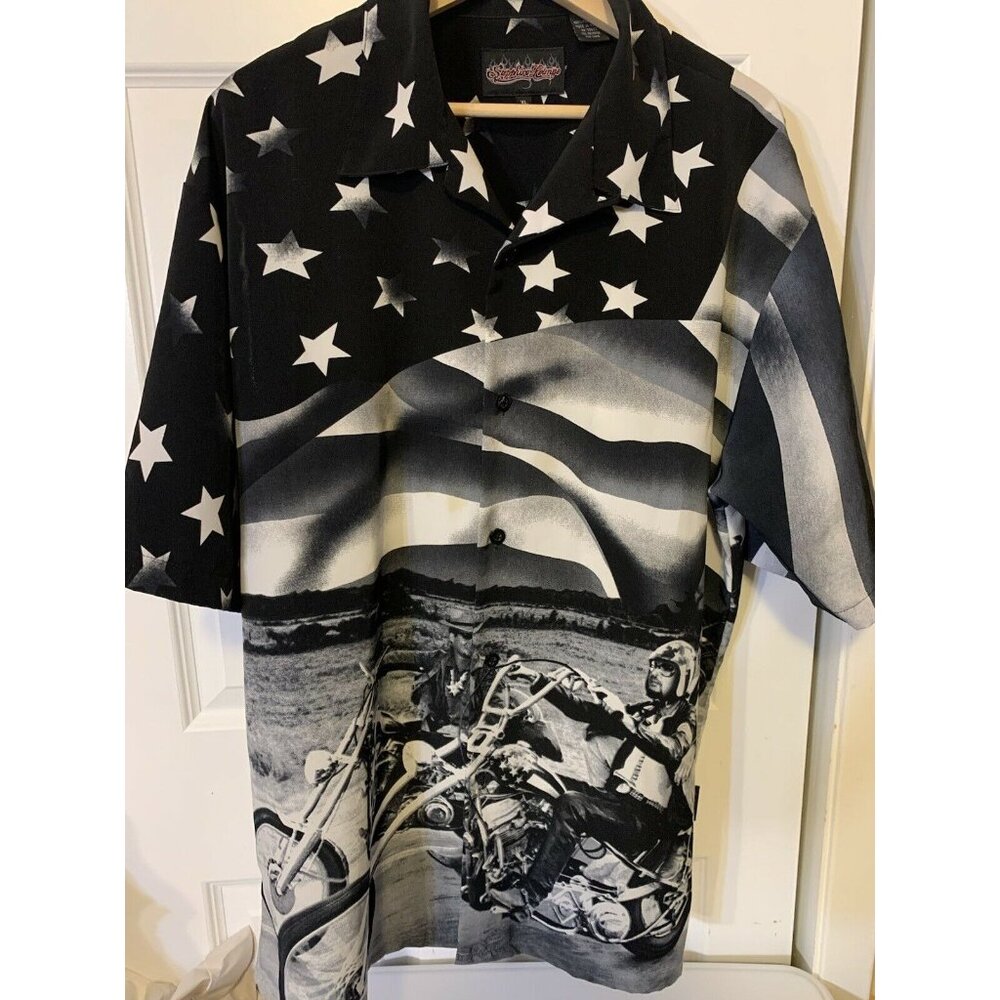 Saphire‎ Lounge Men’s Sz XL Button Shirt Biker Flag Stars Ride Free Black White